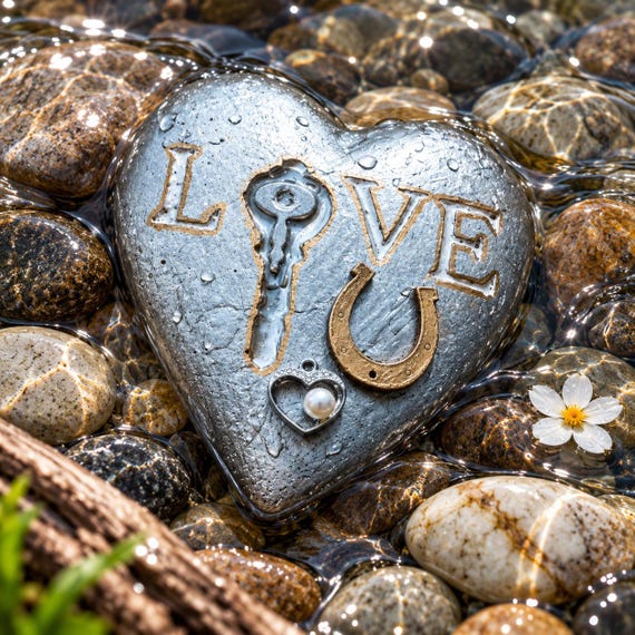 Hand Engraved Heart Stone with Key and Horseshoe, Love and Good Luck Gift, Handmade Romantic Keepsake, Unique Gift for Someone Special