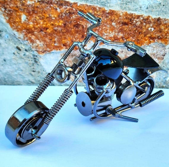 Miniature Metal Motorcycle Sculpture – Handmade Scrap Art Chopper