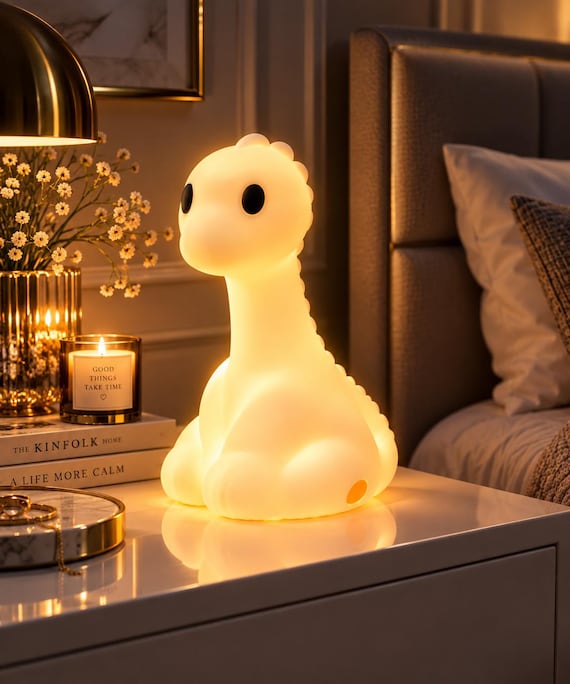 Handmade Silicone Dinosaur LED Night Light, 4-in-1 Dino Lamp & Squishy Toy, Nursery Decor, Unique Kids Gift