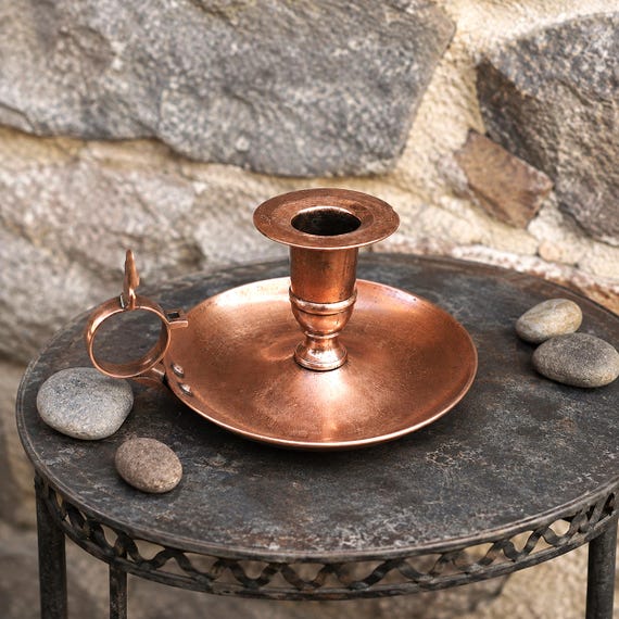 Solid Copper Chamberstick Holder: Finger Loop, Heavy Bottom, Vintage Cottagecore Decor