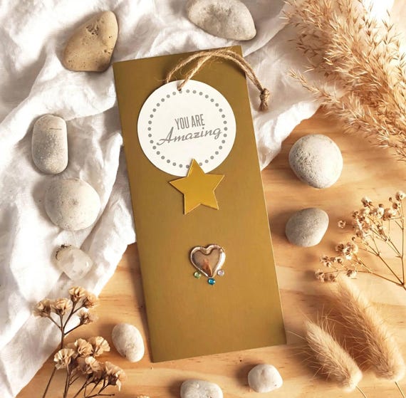 Handmade Friendship Card, Personalized Encouragement Message, Gold Glossy Cardstock, Star Heart Embellishments