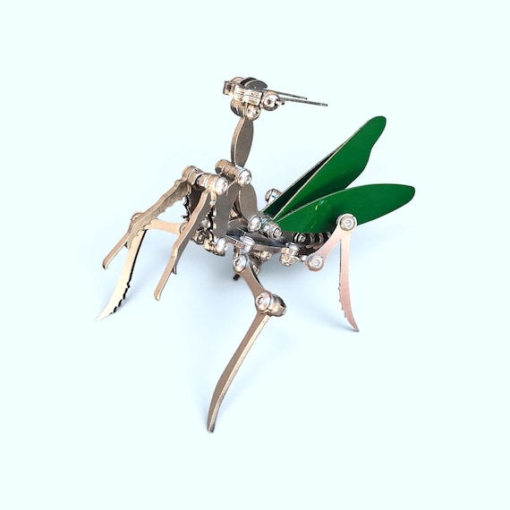Assembled Stainless Steel Praying Mantis Sculpture, Steampunk Insect Desk Decor