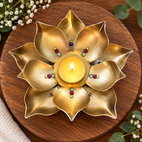 Handcrafted Brass Lotus Tea Light Bowl, Gold Floral Mandala Holder, Premium Metal Art Blossom Decor, Boho decorative Table Centerpiece Gift
