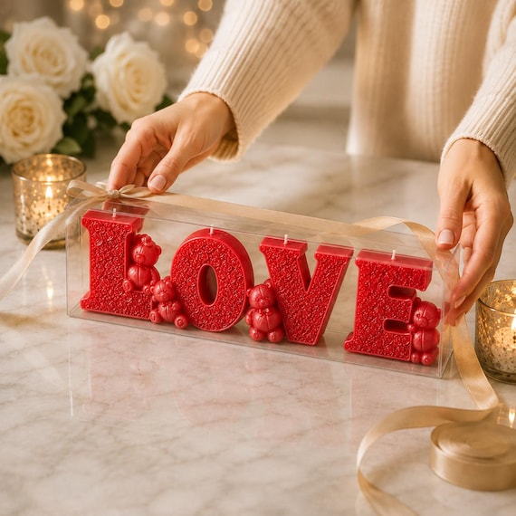 LOVE Letter Candle with Rose Petals |Romantic Anniversary Gift  | Valentine Candle Decor |Teddy Bear Gift for Her