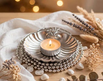 Zilveren theelichthouder in de vorm van een schelp - Sieradenschaaltje in de vorm van een sint-jakobsschelp | Kustdecoratie | Cadeau voor een housewarming voor kaarsenliefhebbers