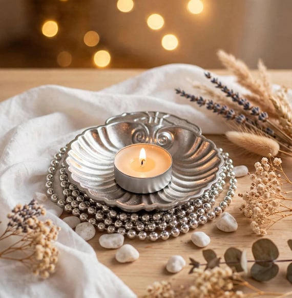 Silver Shell Candle Holder, Scallop Seashell Trinket Dish, Coastal Home Decor, Nautical Tealight Holder, Accent Housewarming Gift