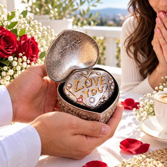 Silver-Plated Jewelry Box with Hand-Painted LOVE YOU Stone, Vintage Heart Trinket Box, Love Stone Romantic Gift - Velvet-Lined Keepsake