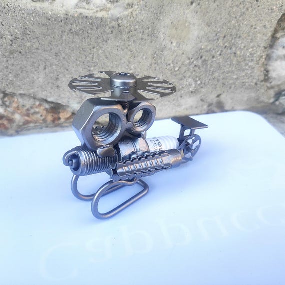 Handmade Spark Plug Helicopter Sculpture: Scrap Metal Art, Pilot Gift