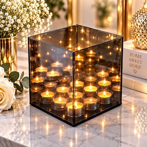 Infinity Mirror Hypercube Tea Light Holder, 9 Candle Smoked Glass Display, NYC Skyline Cube Decor, Luxury Home Decor Gift + FREE GIFT