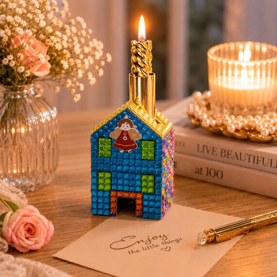 Handmade Angel House Taper Candle Holder, Crystal Mosaic Art Decor
