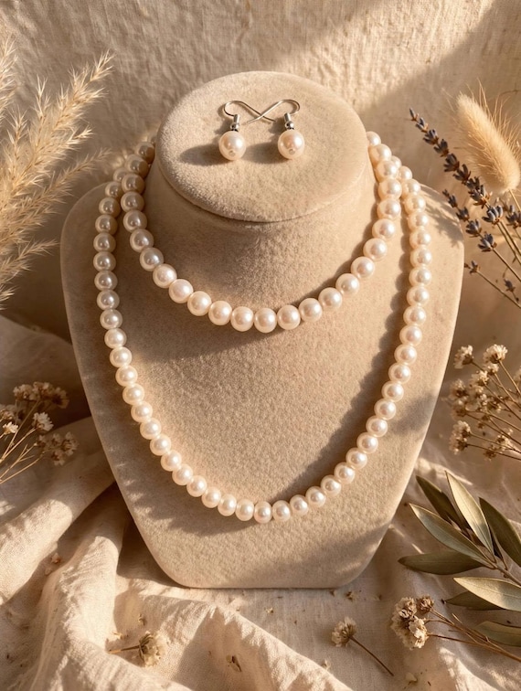 Elegant Pearl Necklace Earrings Bracelet Set, Timeless Bridal Jewelry