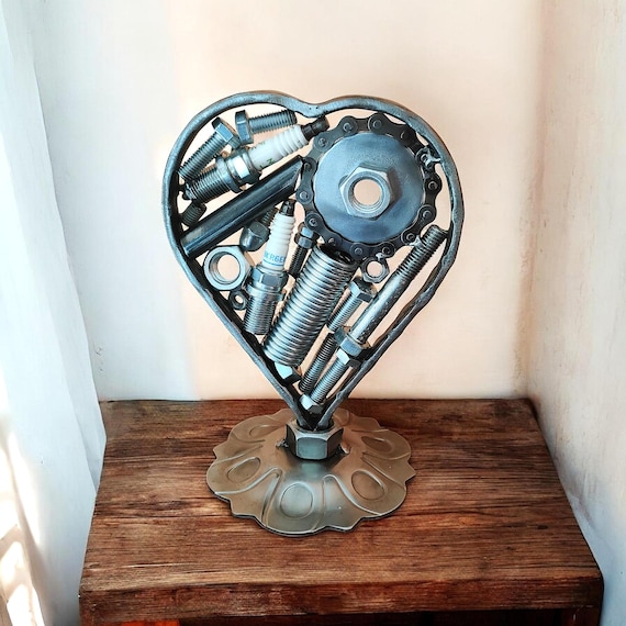 Recycled Metal Heart Sculpture, Steampunk Gear Spark Plug Art, Industrial Decor