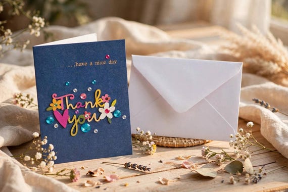 Handmade Floral Thank You Card, Wooden Flower, Rhinestone Detail, Blue Botanical Greeting