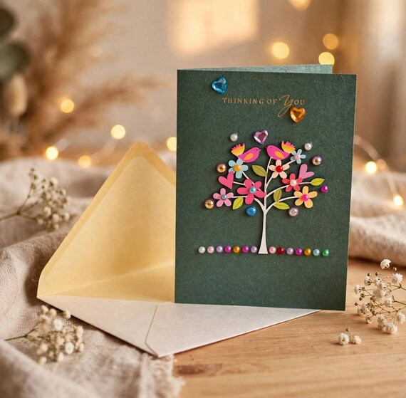 Tree of Life Greeting Card Handmade Birthday Card Thinking of You Card Rhinestone Floral Card Meaningful Gift for Her Friendship Gift