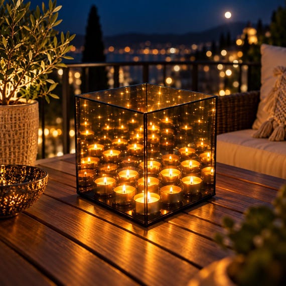 Infinity Mirror Hypercube Tea Light Holder, 9 Candle Smoked Glass Display, NYC Skyline Cube Decor, Luxury Home Decor Gift + FREE GIFT