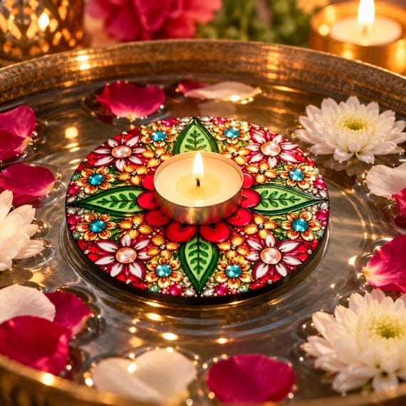 Handmade Floating Mandala Tealight Candle Holder with Crystals | Colorful Boho Home Decor | Unique centerpiece gift
