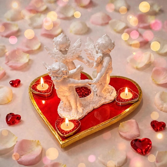 Heart Tealight Candle Holder, Cherub Figurine, Red Gold Angel Decor, Romantic Valentine Gift