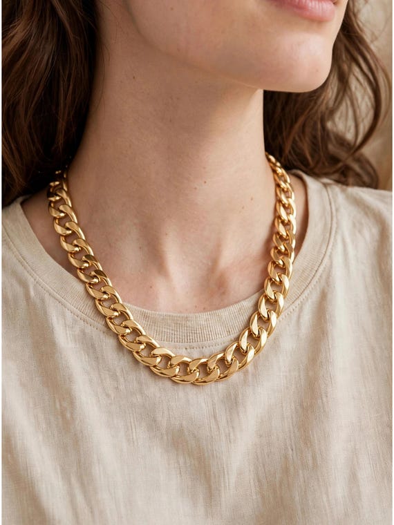 Gold Plated Stainless Steel Chunky Curb Chain Necklace, Statement Layering Jewelry