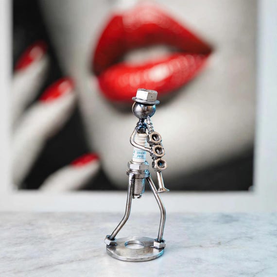 Clarinet Player Metal Sculpture   Car Spark Plug Art   Jazz Musician Figurine     Recycled Car Parts Decor