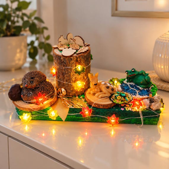 Magical Woodland Night Light with LED Leaf Lights - Forest Animal Decor - Unique Nature Gift