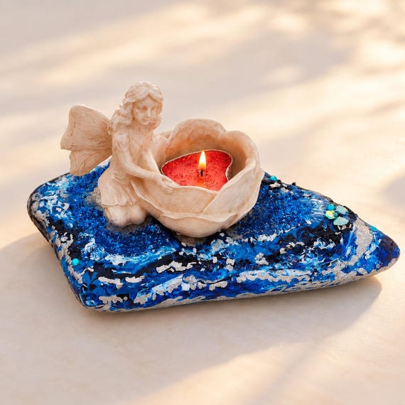 Mermaid Tealight Holder  Natural Stone Art  Ocean Blue Decor Hand-Painted Candle Scene