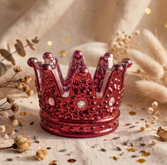 Pink Crown Tea Light Holder, Crystal Glass Candle Holder | Romantic Princess Room Decor, Unique Birthday Gift for Her