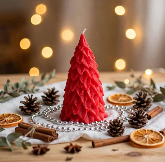 Red Pine Tree Candle, 3D Winter Holiday Decor, Balsam Scented Soy Wax