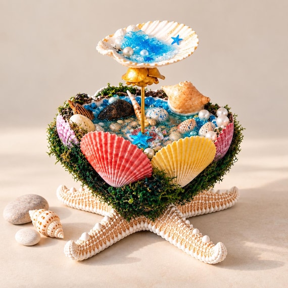 Secret Ocean Garden One of kind handmade seashell & pearl coastal sculpture Resin water effect scene Hidden treasure Gift from nature