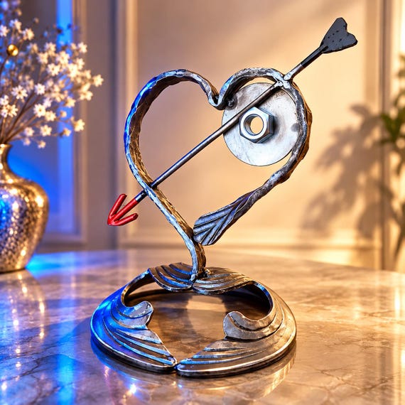 Forged Iron Heart Sculpture with Cupid’s Arrow, Handmade Wrought Iron Love Decor, Romantic Metal Gift
