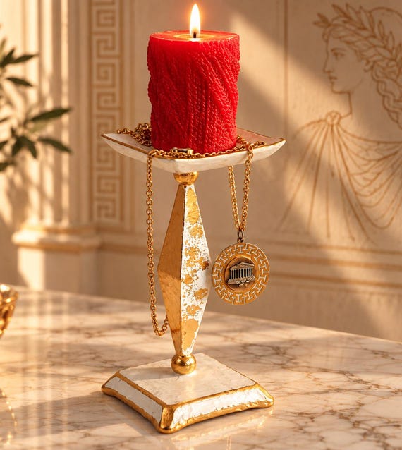 Greek Acropolis Candle Holder  Steel Taper Candle Stand with Parthenon Pendant  Hand Painted Vintage Art Decor