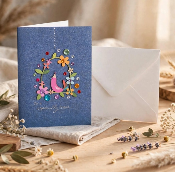 Handmade Floral Friendship Card, Wooden Flower Crystal Detail, Bird Design Greeting
