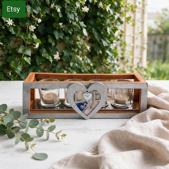 Hand-Painted Mango Wood Heart Tealight Holder, Rustic Candle Decor (4 Slots)
