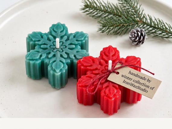 Handmade Snowflake Candle Set, Red & Green Christmas Decor, Set of 2