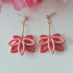 Lotus flower earrings, polymer clay earrings, handmade earrings, pink lotus flower earrings, dangle earrings, GOLD earrings