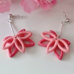 Lotus flower earrings, polymer clay earrings, handmade earrings, pink lotus flower earrings, dangle earrings, SILVER earrings