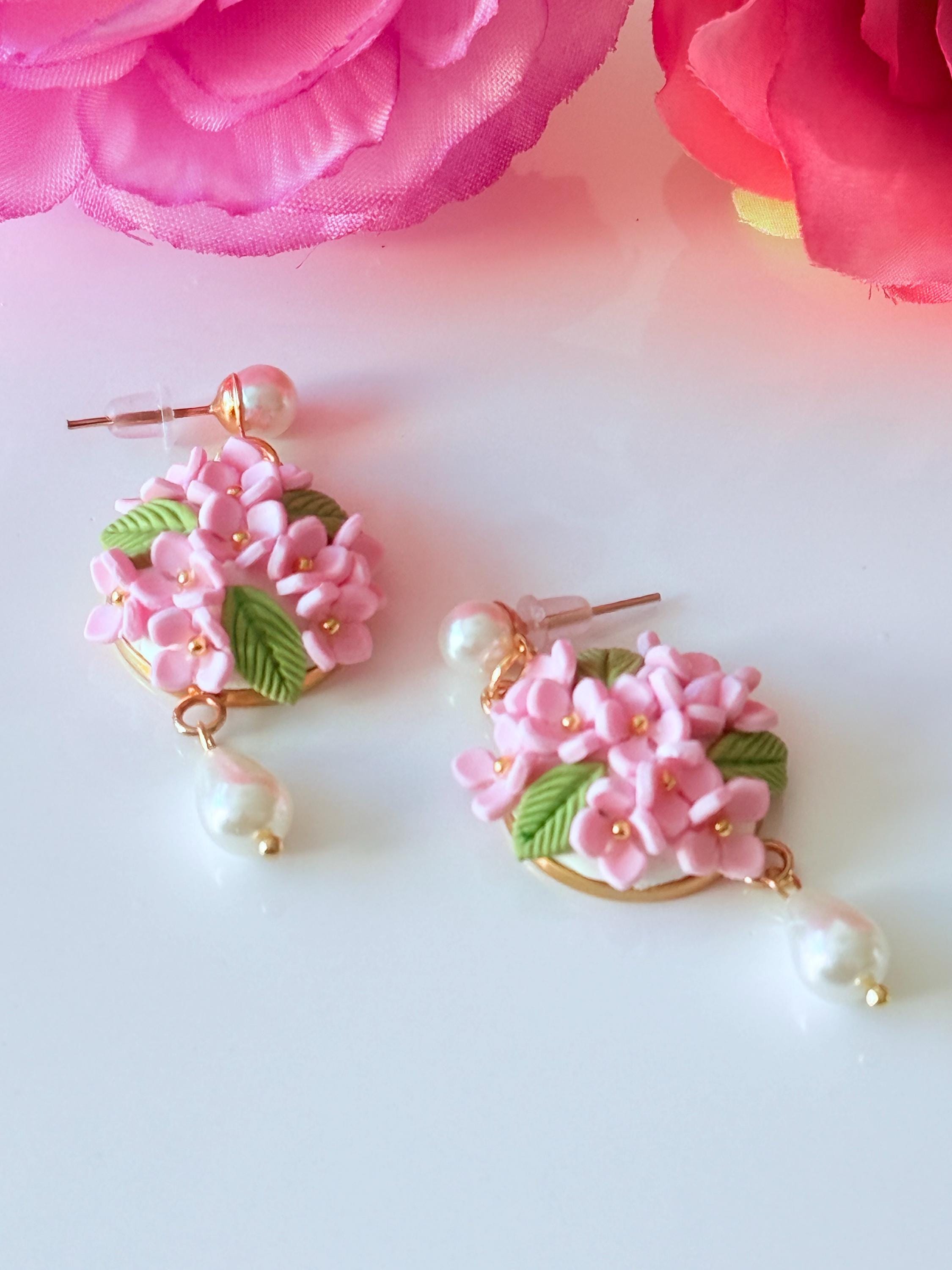 Pink Hydrangea Dangle Earrings