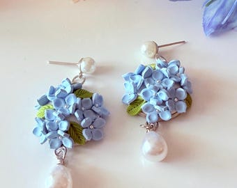 Blue hydrangea earrings, polymer clay earrings, handmade earrings, floral dangle earrings, Victorian jewelry, pearl drop earrings