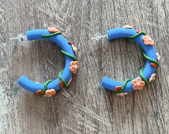 Hoop earrings, blue hoop floral earrings, polymer clay earrings, handmade earrings, boho earrings, hippie earrings, casual earrings