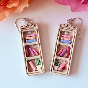 Bookshelf earrings, Polymer clay earrings, handmade earrings, unique earrings, book lover earrings, silver earrings, statement earrings