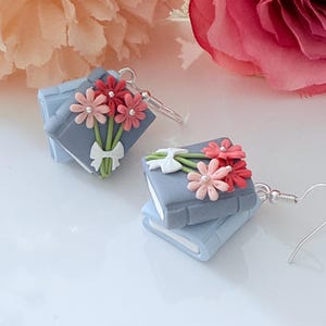 Book earrings, blue floral book earrings, polymer clay earrings, handmade earrings, book lover gift, clay jewelry, silver hook earrings