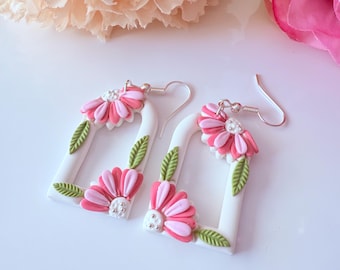 Pink Daisy Polymer Clay Earrings: Floral Arch, Handmade Jewelry