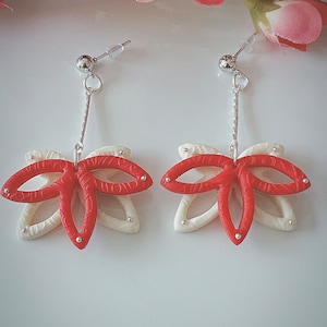 Lotus flower earrings, polymer clay earrings, handmade earrings, red lotus flower earrings, dangle earrings, SILVER earrings