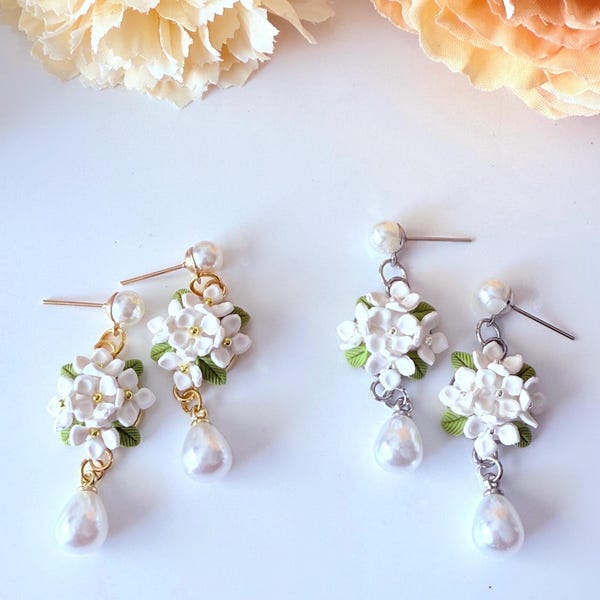 White hydrangea earrings, polymer clay earrings, handmade earrings, floral dangle earrings, Victorian jewelry, pearl drop earrings