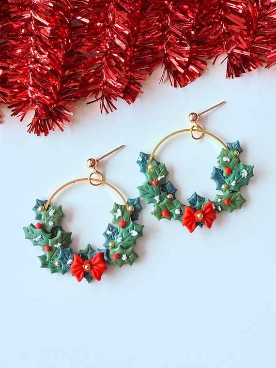 Holly wreath earrings, Christmas earrings, hoop earrings, polymer clay earrings, handmade earrings, holiday season earrings, holiday party