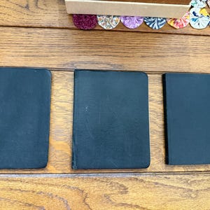May include: Three small, dark blue notebooks with blank covers are arranged on a wooden surface. The notebooks are rectangular and appear to be bound. A decorative element with colorful fabric circles is visible in the background.
