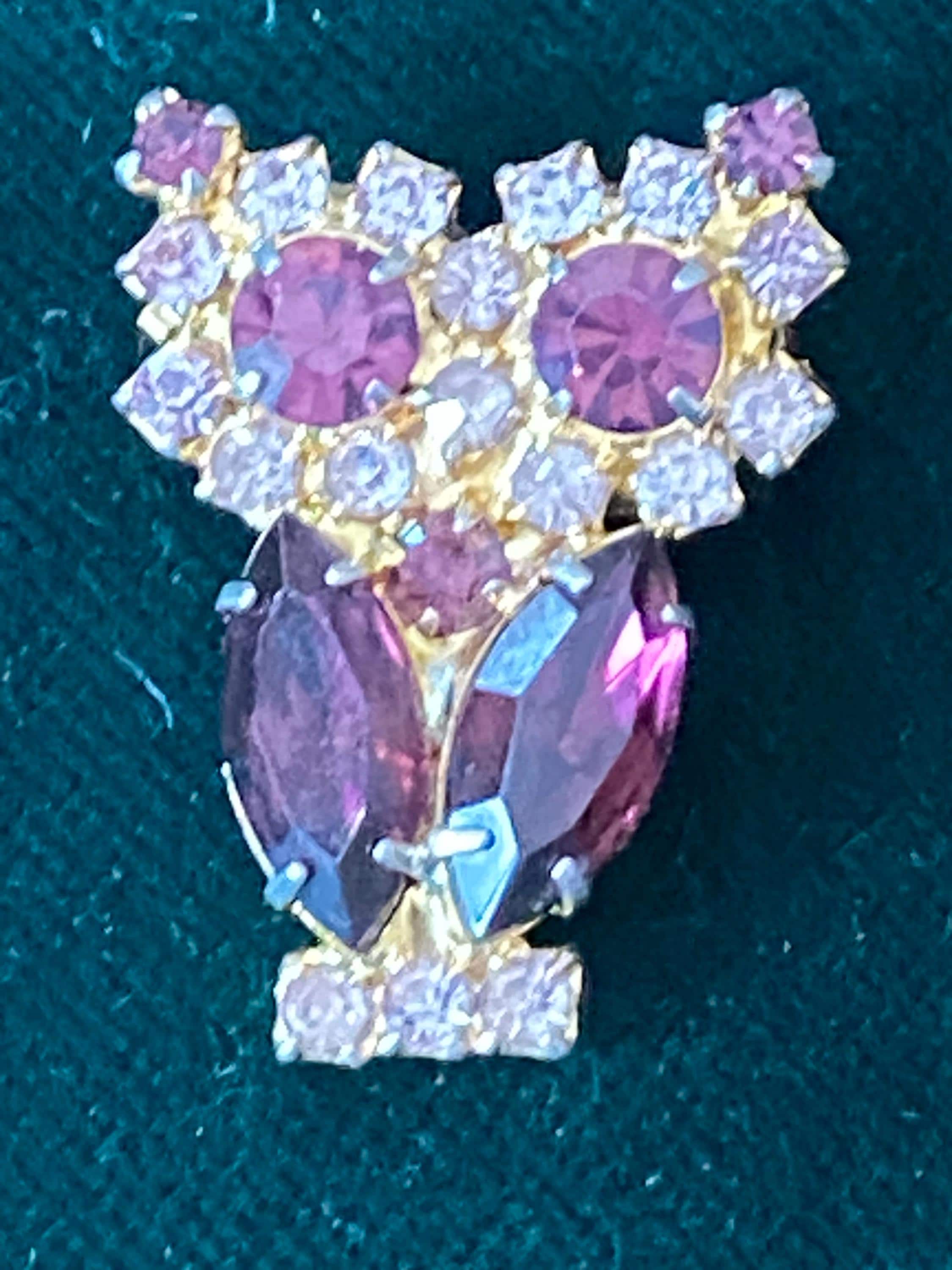 Jewelry, Owl brooch, purple rhinestones, unmarked, 1970s
