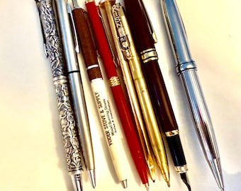 vintage Ink Pen Lot of 8, 1970’s, kissin radio pen , knitting ink pen , advertising