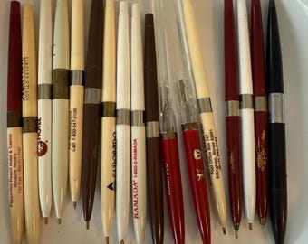 Vintage Desk reception ink pens with advertisements. Lot of 17 , All need ink , Late 1970’s