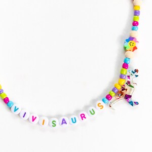 Personalized Dinosaur Necklace – Custom Name Dino Jewelry – Rainbow Bead Necklace for Girls – Birthday Gift – Kids Party Favor - Dino Gifts