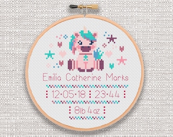 Cross Stitch Unicorn Birth Sampler PDF Pattern Instant Download